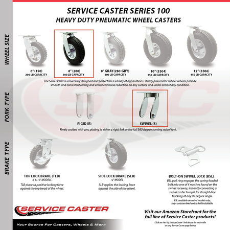 Service Caster 8 Inch Black Pneumatic Wheel Swivel Caster SCC-100S280-PNB